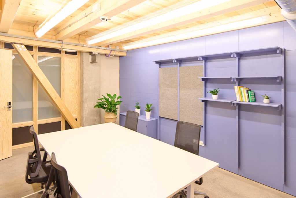 Nicely illuminated team office with blue wall and light wood ceiling